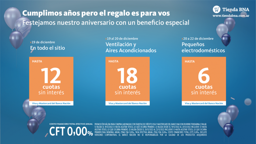 Tienda BNA cumple años: 6, 12 y en hasta 18 cuotas sin interés